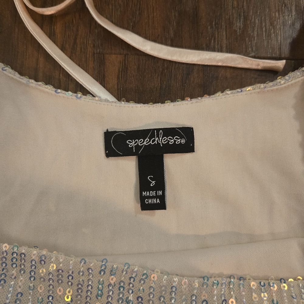 Speechless Small Long Balloon Sleeve Opalescent Sequin Tie Back Mini Dress - Picture 4 of 7